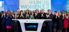UN Women Deputy Executive Director Lakshmi Puri (centre) and dozens of UN, government and global business leaders, took part in the Ring the Bell ceremony at the NASDAQ Stock Exchange on 9 March. Photo: UN Women/Ryan Brown
