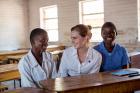 Pictured: Emma Watson visits Mtakataka Secondary School in the District of Dedza where she hears from Stella Kalilombe and Cecilia Banda whose marriages were anulled  and they returned to school. Photo: UN Women/Karin Schermbrucker
