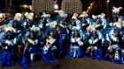 Participants in the One Win Leads to Another programme led a group in UN blue costumes to celebrate Marta. Photo: UN Women/Camille Miranda