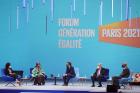 Member of the Generation Equality Youth Task Force Shantel Marekera, UN Women Executive Director Phumzile Mlambo-Ncuka, President of France Emmanuel Macron, UN Secretary General Antonio Guterres and President of the European Council Charles Michel partici